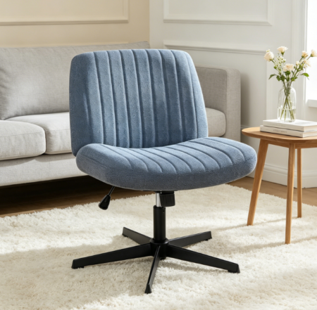 Cross Legged Office Chair, Armless Wide Seat, No Wheels, Swivel Adjustable Fabric, Modern Vanity Chair