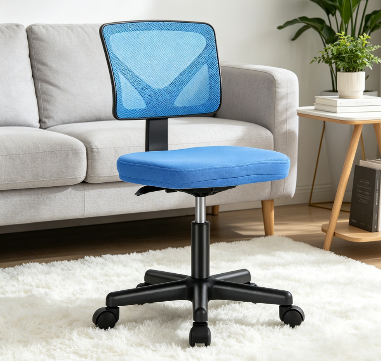 Armless Low Back Computer Chair, Adjustable Rolling Mesh Task Chair with Wheels, Blue for Small Spaces