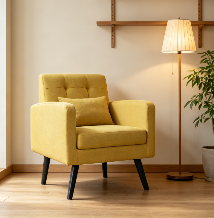 Mid Century Accent Chair, Modern Upholstered, Button Tufted Back, Wood Legs, Yellow